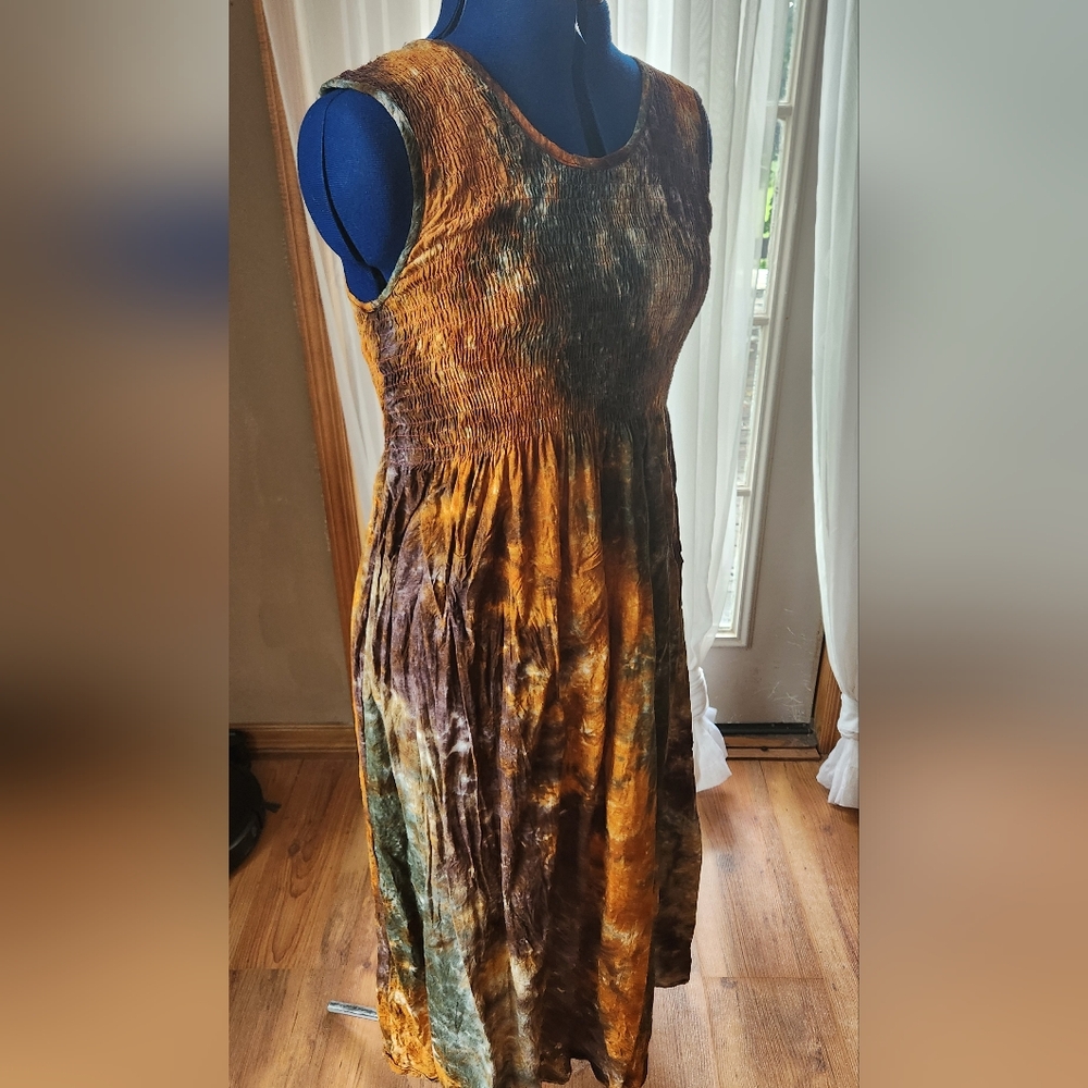 India Boutique Brown and Yellow Tye-dye Smocked Sundress